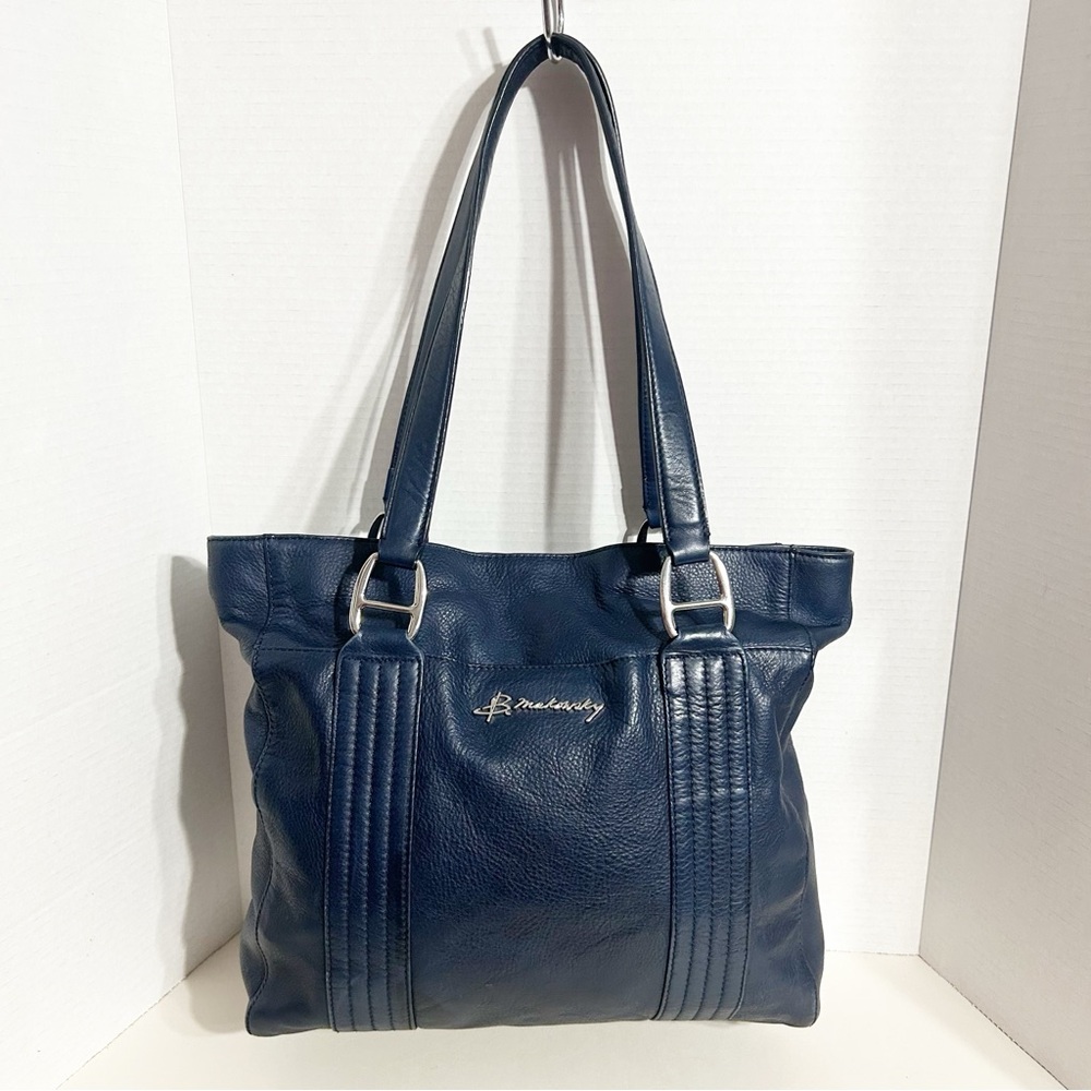 B. Makowsky Navy Blue Pebbled Leather Tote Shoulder Bag Animal Print Lining